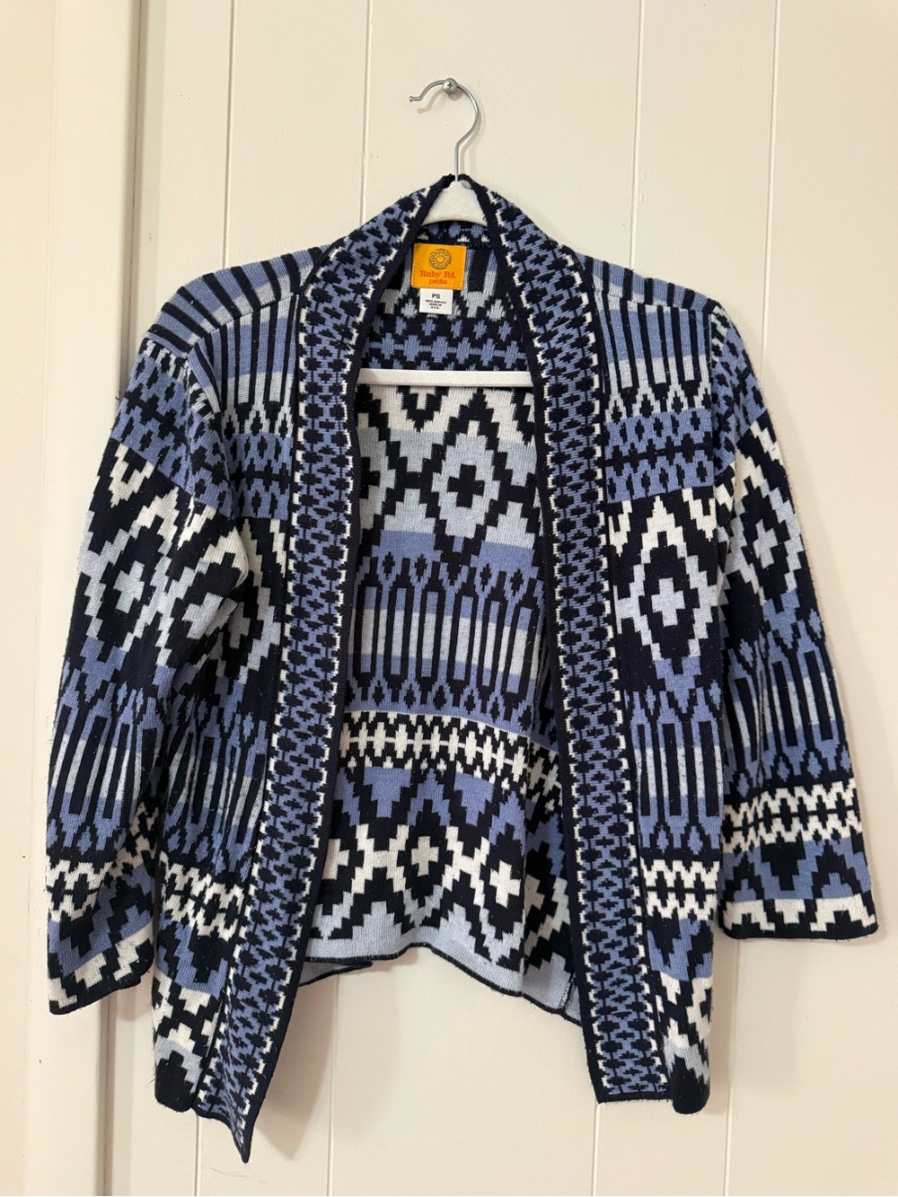 Ruby Rd. Petite Small Blue Black White Geometric Open-Front Cardigan
